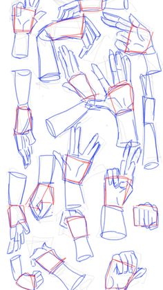 a bunch of different hand gestures drawn in red and blue