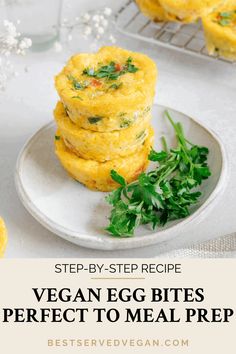 egg bites are stacked on top of each other, with parsley in the background