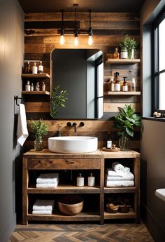 a bathroom with wooden walls and shelves filled with towels, soaps and other items