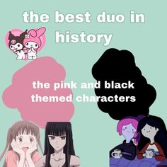 the pink and black characters are talking to each other in front of a blue background