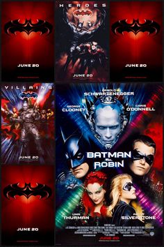 the poster for batman returns is shown in multiple different colors and sizes, including red