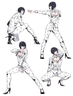 four different poses of a woman in white suit and heels, with one leg spread out