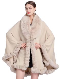 PRICES MAY VARY. Material - Faux fur shawl is made of faux cashmere and faux rabbit fur, super soft and comfortable, keep warm. with tight stitches, it is not easy to deform. Note: No lining. One Size Fits Most - Free size. This large capes length 32.6''/83cm, bust 43.3''/110cm. Designed as a loose version is suitable for most women. Elegant Design - Large collar with faux rex rabbit fur. Warm and beautiful. Soft faux fur is wrapped around the hem and cuffs, which makes you look more chic. Occas Faux Fur Shawl, Poncho Coat, Fur Cape, Poncho Cardigan, Poncho Shawl, Loose Coats, Fur Shawl, Capes For Women, Sleeveless Cardigan