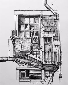 an ink drawing of a building with pipes and windows