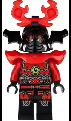 a red and black lego figure with antlers on it's head, standing in front of a white background