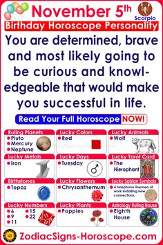 birthday horoscope flyer for november 5, 2013 with information about the zodiac sign