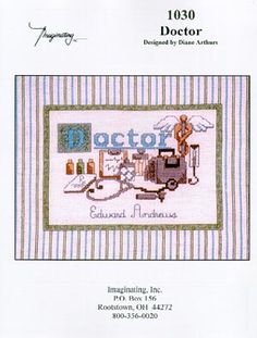 a cross stitch pattern with the words doctor and an image of a man on a cart