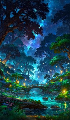 a painting of a forest scene at night with fireflies and stars in the sky