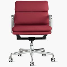 a red office chair with chrome legs and armrests, viewed from the front