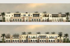 two renderings of the front and back sides of a building with palm trees on each side