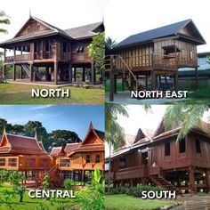 four different types of wooden houses in the philippines and north east, central, south asia