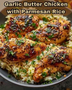 garlic butter chicken with parmesan rice in a bowl