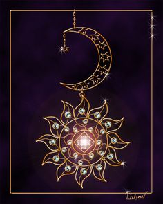 the sun and moon are depicted in this artistic illustration, with diamonds on it's sides