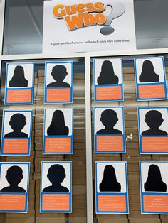 the silhouettes of people are on display in front of a sign that says guess who?