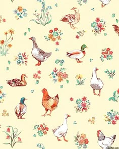 an image of chickens and flowers on a yellow background