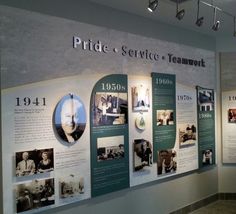 a wall with pictures and information about the history of pride & service teamwort