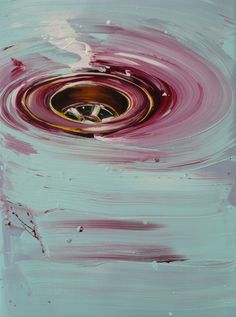 an abstract painting with pink and yellow circles in the center on a blue background that looks like water