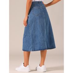 The basic design creates a casual yet stylish look, a must-have in any woman's wardrobe. This jean skirt features a classic denim fabric with a drape. The flap pockets add a trendy and functional element to the skirt, providing extra storage space. Pair it with a fitted blouse and heels for a chic and sophisticated look, or go for a more casual vibe by pairing them with a graphic tee. Fitted Blouse, Lined Jeans, Basic Design, Denim Maxi Skirt, High Rise Denim, Women's Wardrobe, Bottom Clothes, Jean Skirt, Extra Storage