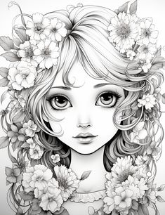 a drawing of a girl with flowers in her hair and the eyes are drawn by hand