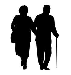 an old couple walking down the street with their canes in hand, silhouetted against a white background