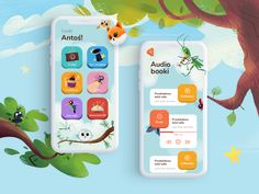 two smartphones displaying audio books on the screen and an animated tree with animals in it