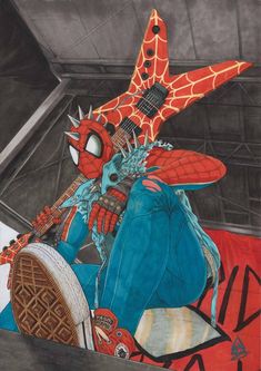 a drawing of a spiderman playing the guitar