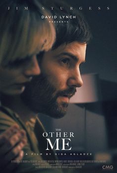 a man and woman staring at each other in front of a poster for the other me