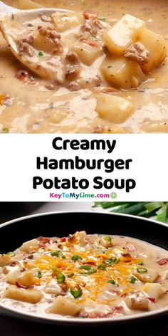 Two pictures of creamy hamburger potato soup, with title text in between the two photos. Creamy Hamburger Potato Soup, Potato Soup With Bacon, Hamburger Potato Soup, Hamburger And Potatoes, Soup With Bacon, Potato Bacon Soup, Soup With Ground Beef, Loaded Potato Soup, Bacon Soup