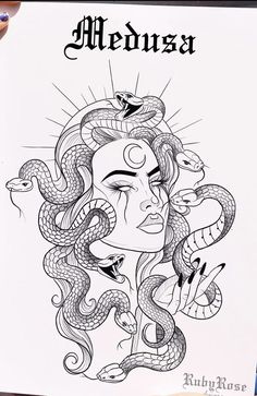 a drawing of a woman's face with snakes around her head and the words medusa