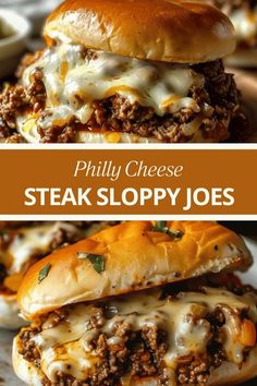 two pictures of sloppy joes with cheese on top and the words, phily cheese steak sloppy joes