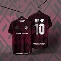 a soccer jersey with the name and number on it, hanging from clothes pins in front of a patterned background