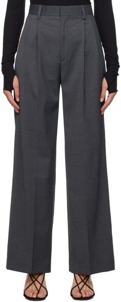 Wide-leg stretch polyester- and mulesing-free wool-blend broadcloth trousers. · High-rise · Belt loops · Pleats at waistband · Four pocket styling · Zip-fly · Extended cuffs Supplier color: Dark gray melange Womens Grey Dress Pants, Gray Trousers Outfit, Trouser Outfit, Seasonal Color Analysis, Wardrobe Planning, Grey Trousers, Grey Dress Pants, Trouser Style, Grey Pants