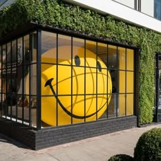 a large yellow smiley face in the window of a building with plants growing on it