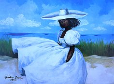 a painting of a woman in a white dress and hat sitting on the sand by the ocean