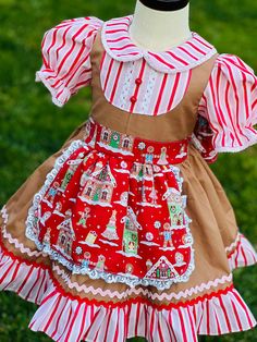 Gingerbread Dress, made with 100 % cotton,    Beautiful Gingerbread Dress perfect for a pageant Gingerbread costume or for Santa photographs, your little girl will looks gorgeous with this Dress that is made with all attention to detail.. Girls size       Chest             2T                 19''                    3T                 21''                    4T                 22''    5T                 23''     6                  24'' I use an underskirt just to show how puffy is the dress. if y Toddler Christmas Dress Sewing Pattern, Gingerbread Dress Women, Gingerbread Dress, Gingerbread Costume, Gingerbread Outfit, Kids Christmas Dress, Christmas Fancy Dress, Toddler Christmas Dress, Cute Asian Fashion