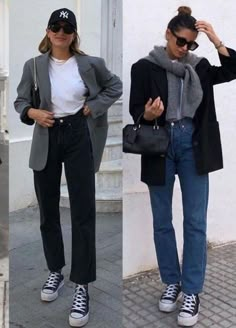 Classic Outfits With Converse, Converse Minimalist Outfit, Jumper Over Shoulders, Smart Casual Trainers Outfit Women, Fall Style 2023 Women Casual, Blazer With Sweatshirt, Jeans Chiari Outfit, Look Jean Noir, Converse Office Outfit