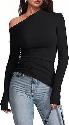 Meetrendi Women's Sexy Off Shoulder Tops Long Sleeve Asymmetrical Slim Fit Going Out Fall Blouse Ruched Tight Shirts Fall Blouse, Tops Long Sleeve, Shoulder Tops, Off Shoulder Tops, Shoulder Top, Going Out, Off Shoulder, Long Sleeve Tops, Button Down Shirt