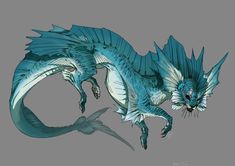 a drawing of a blue dragon with its mouth open and wings spread out, it's head turned to the side