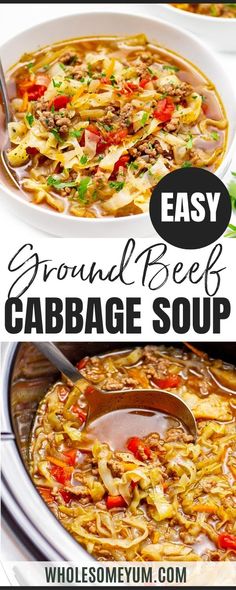 an easy ground beef cabbage soup in a white bowl