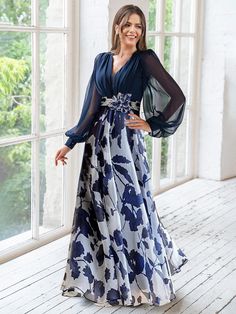 A-Line/Princess Half Sleeves Cowl Neck Mother of the Bride Dresses - Mondressy Wedding Outfits For Women, Mother Of The Bride Dresses Long, Flower Sleeve, Bride Outfits, Mother Of Groom Dresses, Summer Wedding Outfits, Mob Dresses, Creative Embroidery, Mothers Dresses