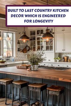 a large kitchen with an island in the middle and lots of stools around it