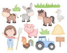 a girl standing next to farm animals, chickens and pigs in front of a tractor