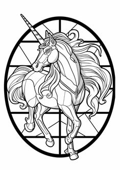 a stained glass window with a unicorn on it