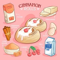 the ingredients for cinnamon rolls on a pink background