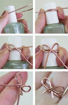 four pictures showing how to tie a bow on a nail polish bottle with copper wire