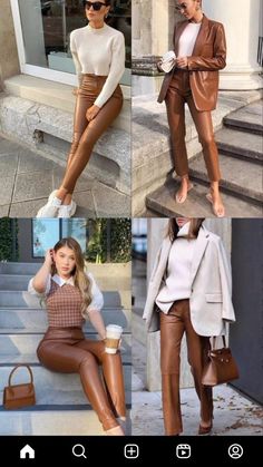 Outfit With Brown Leather Pants, Caramel Leather Pants Outfit, Brown Leather Shoes Outfit, Outfit Con Pantalon Cafe, Beige Blouse Outfit, Leather Blouse Outfit, Lederhosen Outfit, Outfits Leggins