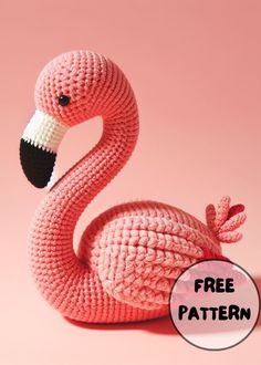 a crocheted pink flamingo sitting on top of a pink background with the text free pattern