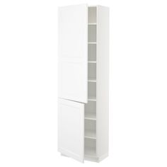 a tall white cabinet with doors and shelves