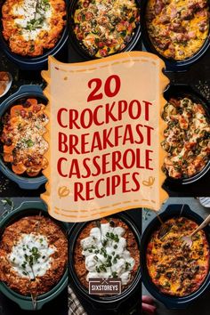 the cover of 20 crockpot breakfast casserole recipes