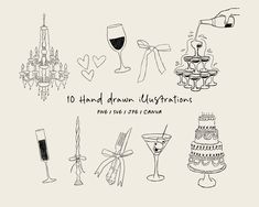 hand drawn illustrations with wine glasses, champagne flutes and cake on top of each other